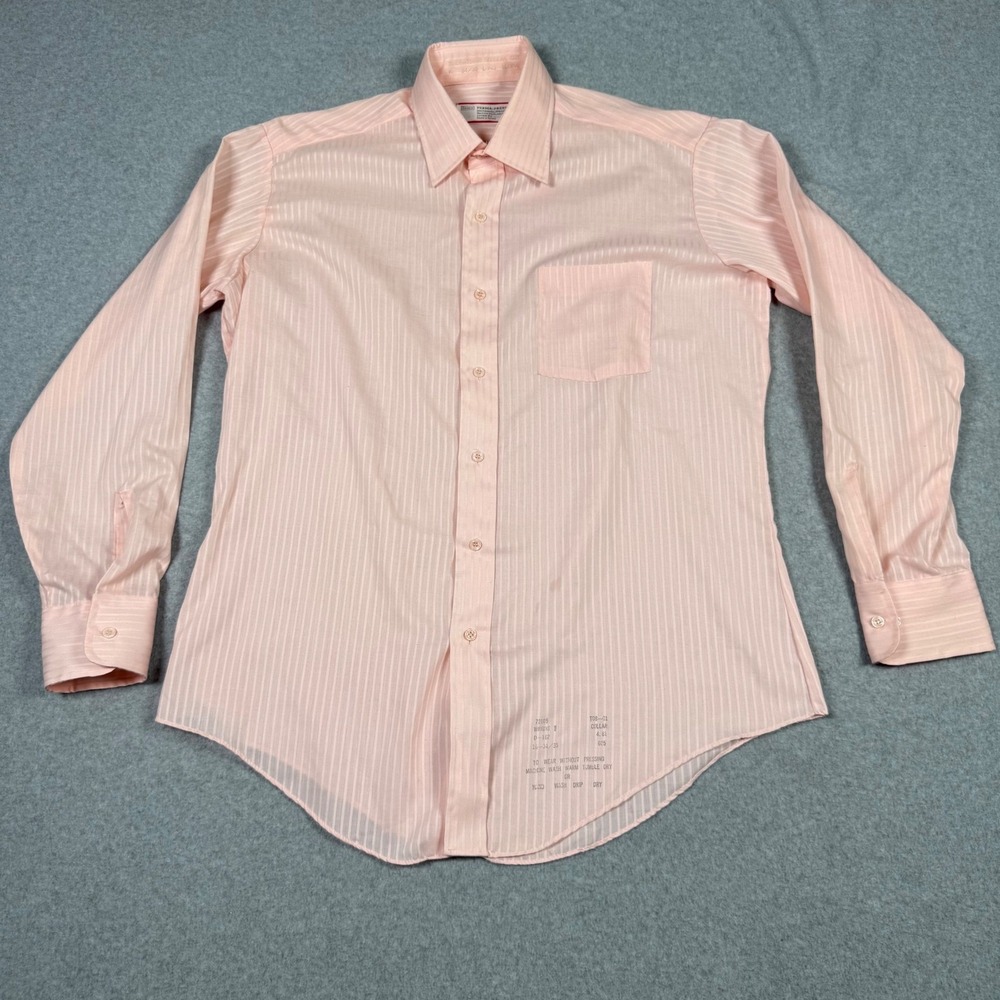 Vintage 70s Sears Perma-Prest Mens Pink Striped Dress Shirt 16 34-35 Long Sleeve